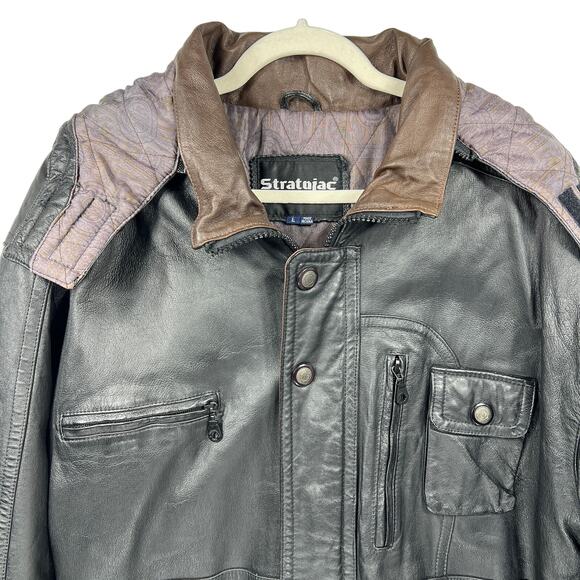 Stratojac Leather Parka Jacket Coat Men's Large Black Brown Hooded Heavy VT - Picture 4 of 16